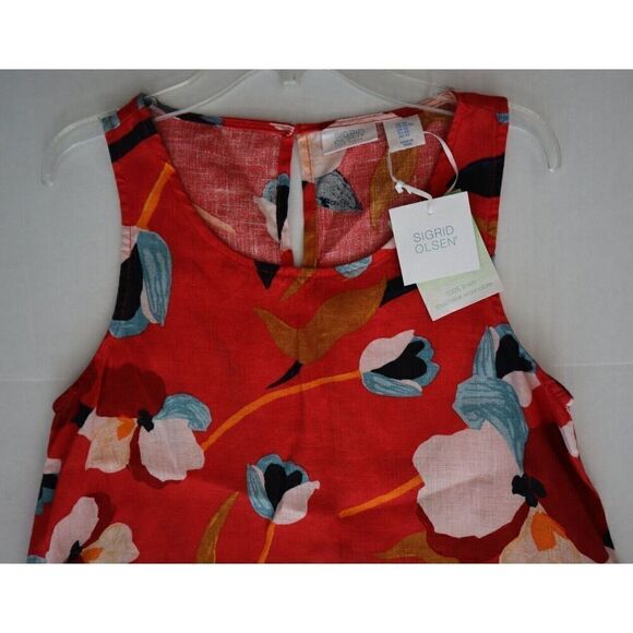 Sigrid Olsen Women's Sz XS Red Floral Sleeveless Linen Trapeze Mini Dress - Picture 6 of 14